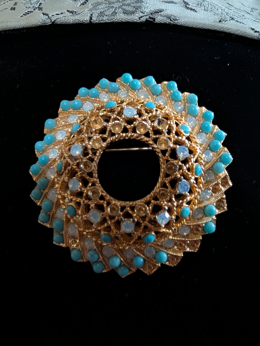 Sarah Coventry Gold-Tone Brooch with Turquoise and Opal-Effect Accents